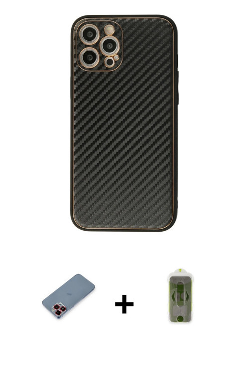 ieg™ iPhone 12 Pro Max Kılıf Ahenk Işık - Siyah Joko Magic 5D Hayalet Cam + Kırmızı Metal Kamera Len