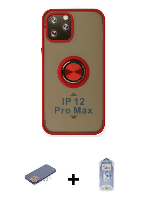 ieg™ iPhone 12 Pro Max Kılıf Yörünge Çizgi - Siyah Joko Magic 5D Cam + Pembe Renkli Kamera Lens Koru