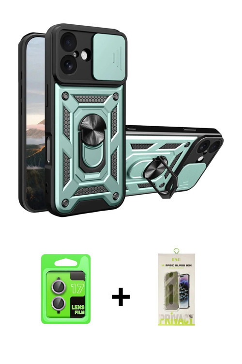 ieg™ iPhone 17 Kılıf Ahenk Klasik - Siyah Joko Magic 5D Hayalet Cam + Açık Mor Raze Metal Kamera Len