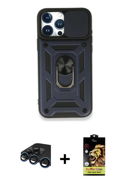 ieg™ iPhone 15 Pro Max Kılıf Ahenk Klasik - Siyah Buffer Cam Ekran Koruyucu + Lacivert Raze Metal Ka