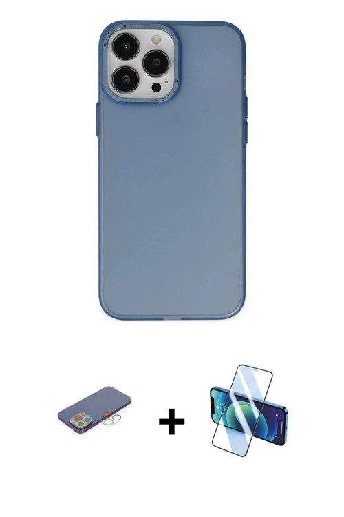 ieg™ iPhone 13 Pro Max Kılıf Ahenk Çizgi Prime - Siyah 3D Antistatik Cam Ekran Koruyucu + Mavi Renkl