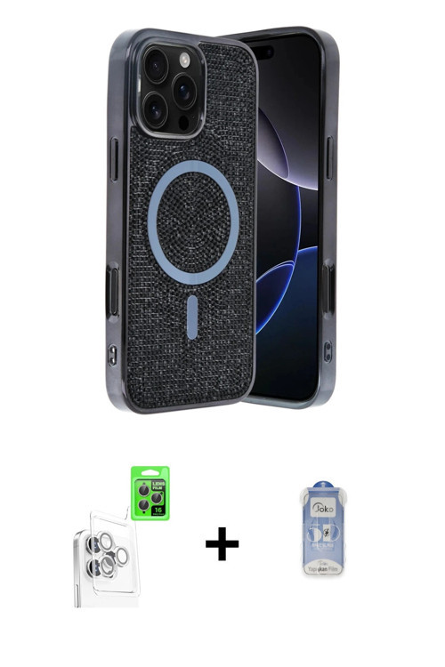 ieg™ iPhone 16 Pro Max Kılıf Eksen Çizgi - Siyah Joko Magic 5D Cam + Beyaz Raze Metal Kamera Lens