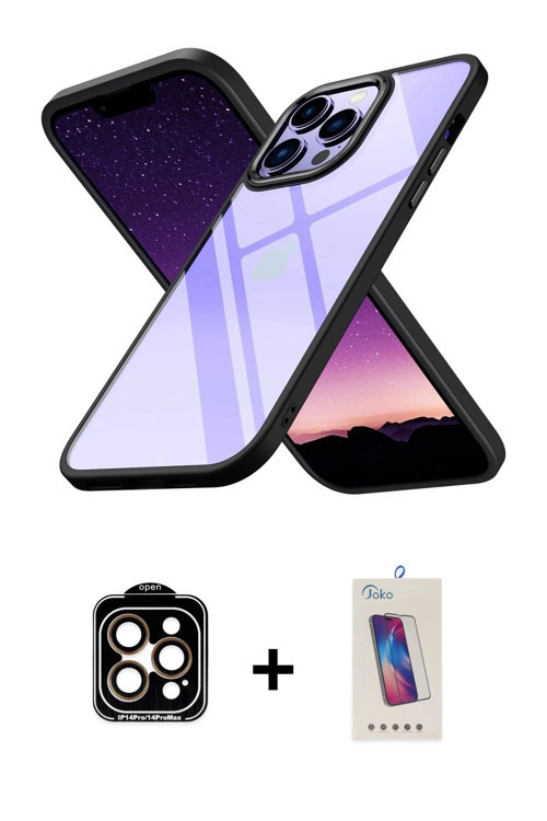 ieg™ iPhone 14 Pro Max Kılıf Nova Işık Serisi - Siyah Joko 5D Cam + Turuncu PVD Metal Kamera Lens