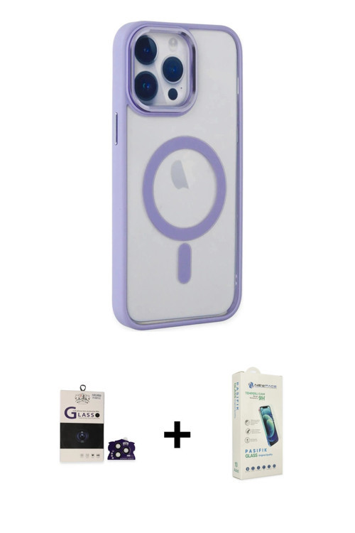 ieg™ iPhone 14 Pro Max Kılıf Yankı Işık Özel Seri - Şeffaf Pasifik Cam Ekran Koruyucu + Derin Mor Bi