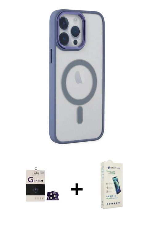 ieg™ iPhone 14 Pro Max Kılıf Yankı Işık Özel Seri - Şeffaf Pasifik Cam Ekran Koruyucu + Derin Mor Bi