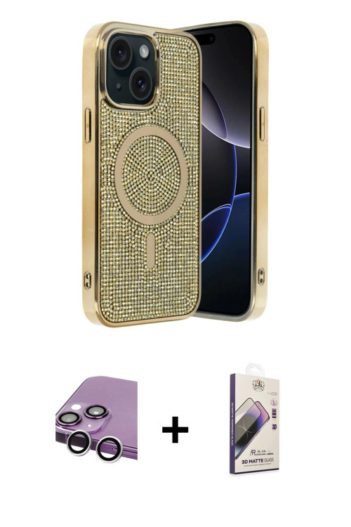 ieg™ iPhone 14 Kılıf Eksen Çizgi - Siyah Bilvis 3D Mat Cam Ekran Koruyucu + Gümüş Raze Metal Kamera