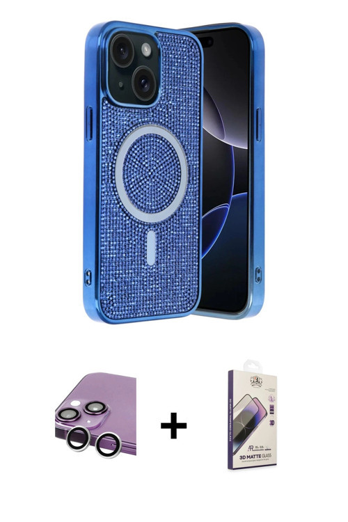 ieg™ iPhone 14 Kılıf Eksen Çizgi - Siyah Bilvis 3D Mat Cam Ekran Koruyucu + Gümüş Raze Metal Kamera