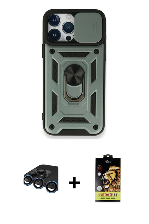 ieg™ iPhone 15 Pro Max Kılıf Ahenk Klasik - Siyah Buffer Cam Ekran Koruyucu + Lacivert Raze Metal Ka