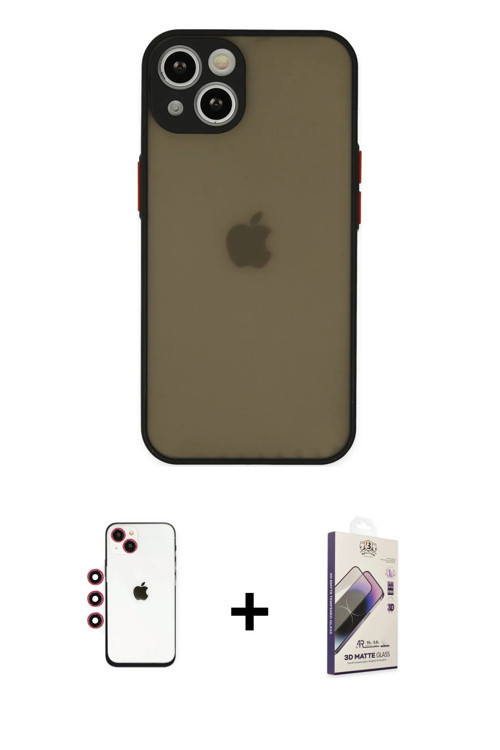 ieg™ iPhone 14 Kılıf Ahenk Çizgi Serisi - Siyah Bilvis 3D Mat Cam Ekran Koruyucu + Kırmızı Shine Kam