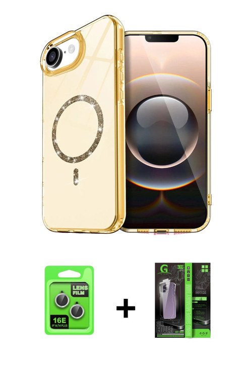ieg™ iPhone 16E Kılıf Kıvılcım Form Prime - Şeffaf 360 Full Body Arka Koruyucu + Gümüş Raze Metal Ka