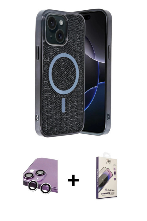 ieg™ iPhone 14 Kılıf Eksen Çizgi - Siyah Bilvis 3D Mat Cam Ekran Koruyucu + Gümüş Raze Metal Kamera