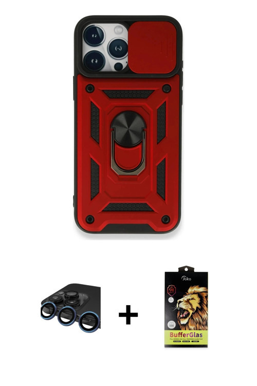 ieg™ iPhone 15 Pro Max Kılıf Ahenk Klasik - Siyah Buffer Cam Ekran Koruyucu + Lacivert Raze Metal Ka