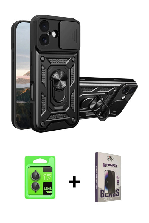 ieg™ iPhone 17 Kılıf Ahenk Klasik - Siyah Bilvis Hayalet Cam Ekran Koruyucu + Gri Raze Metal Kamera