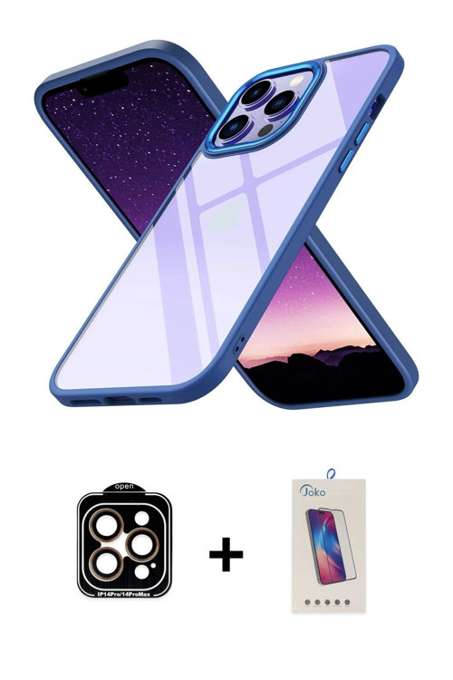 ieg™ iPhone 14 Pro Max Kılıf Nova Işık Serisi - Siyah Joko 5D Cam + Turuncu PVD Metal Kamera Lens