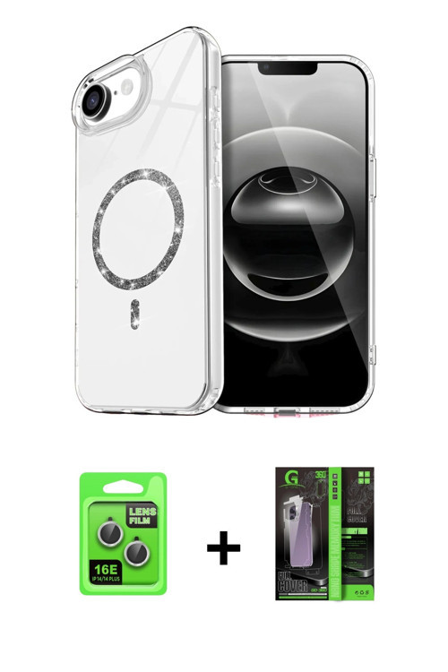 ieg™ iPhone 16E Kılıf Kıvılcım Form Prime - Şeffaf 360 Full Body Arka Koruyucu + Gümüş Raze Metal Ka