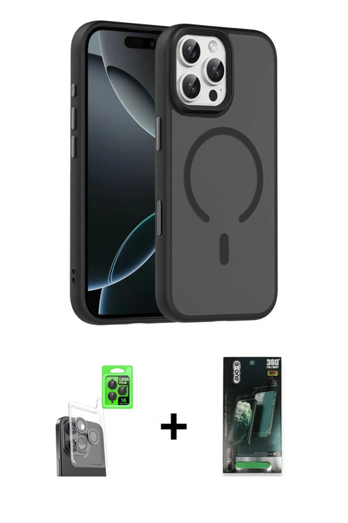 ieg™ iPhone 16 Pro Max Kılıf Doruk Form Serisi - Siyah 360 Mat Full Body Arka Koruyucu + Siyah Raze