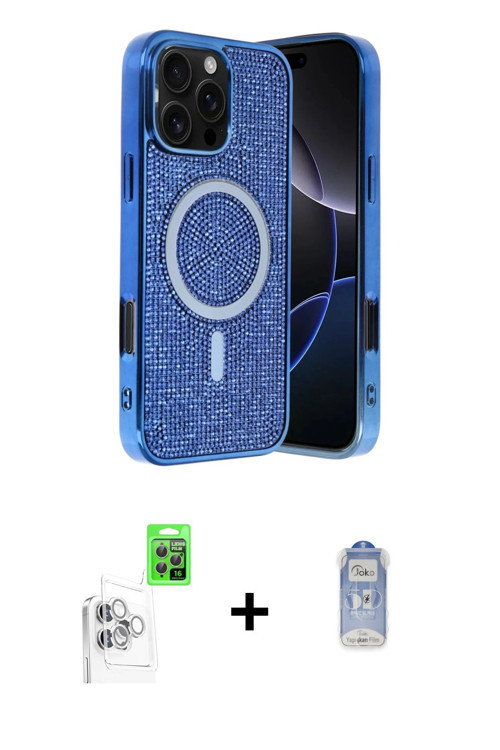 ieg™ iPhone 16 Pro Max Kılıf Eksen Çizgi - Siyah Joko Magic 5D Cam + Beyaz Raze Metal Kamera Lens