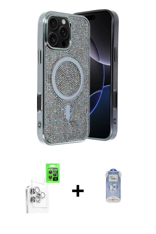 ieg™ iPhone 16 Pro Max Kılıf Eksen Çizgi - Siyah Joko Magic 5D Cam + Beyaz Raze Metal Kamera Lens