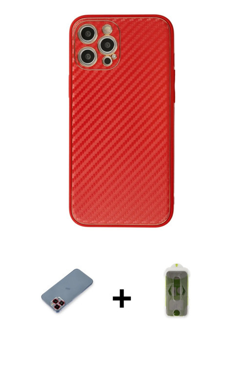 ieg™ iPhone 12 Pro Max Kılıf Ahenk Işık - Siyah Joko Magic 5D Hayalet Cam + Kırmızı Metal Kamera Len