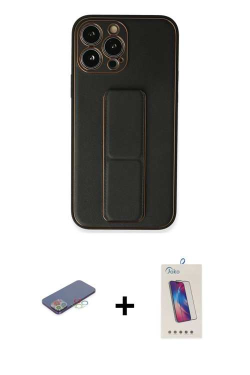 ieg™ iPhone 13 Pro Max Kılıf Akış Doku - Siyah Joko 5D Cam + Mavi Renkli Kamera Lens Koruma Cam