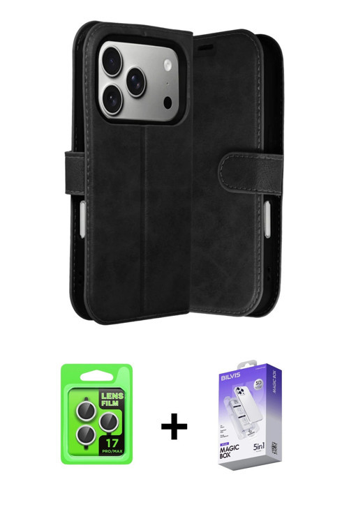 ieg™ iPhone 17 Pro Kılıf Siluet Işık Serisi - Siyah Bilvis 5in1 3D Magic Cam Ekran Koruyucu + Gümüş