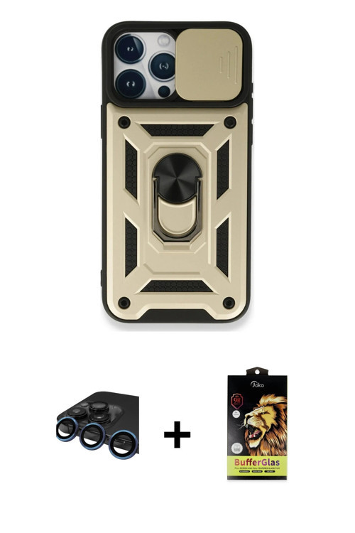 ieg™ iPhone 15 Pro Max Kılıf Ahenk Klasik - Siyah Buffer Cam Ekran Koruyucu + Lacivert Raze Metal Ka