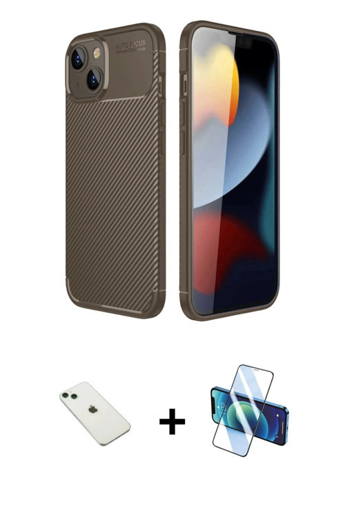 ieg™ iPhone 14 Kılıf Eksen Form Prime - Siyah 3D Antistatik Cam Ekran Koruyucu + Yeşil Diamond Kamer