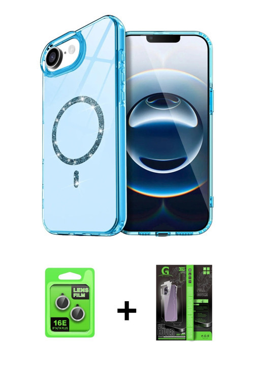 ieg™ iPhone 16E Kılıf Kıvılcım Form Prime - Şeffaf 360 Full Body Arka Koruyucu + Gümüş Raze Metal Ka