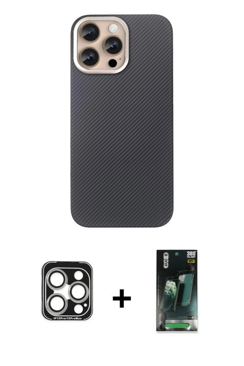 ieg™ iPhone 15 Pro Max Kılıf Eksen Prime - Siyah 360 Mat Full Body Arka Koruyucu + Gümüş PVD Metal K