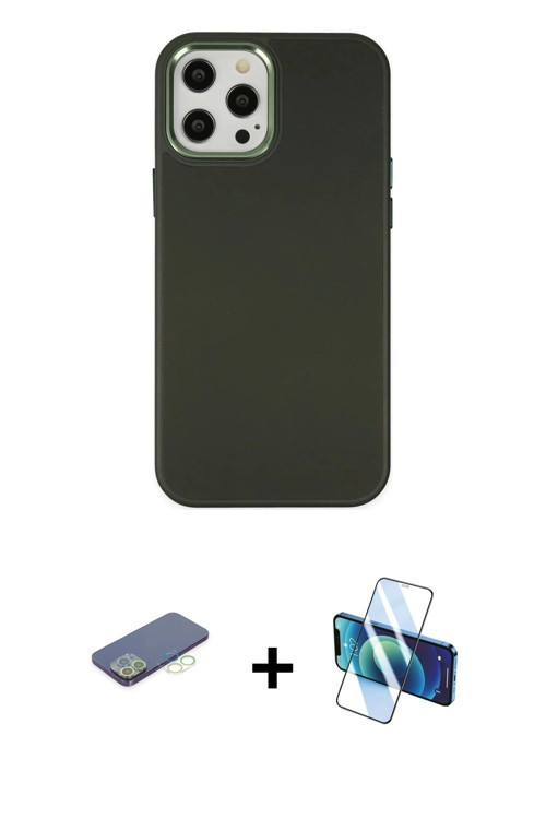 ieg™ iPhone 12 Pro Max Kılıf Çekirdek Çizgi - Siyah 3D Antistatik Cam Ekran Koruyucu + Yeşil Renkli