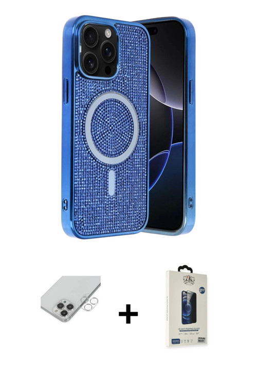 ieg™ iPhone 14 Pro Max Kılıf Eksen Çizgi - Siyah Bilvis Hayalet Cam Ekran Koruyucu + Gümüş Band Meta