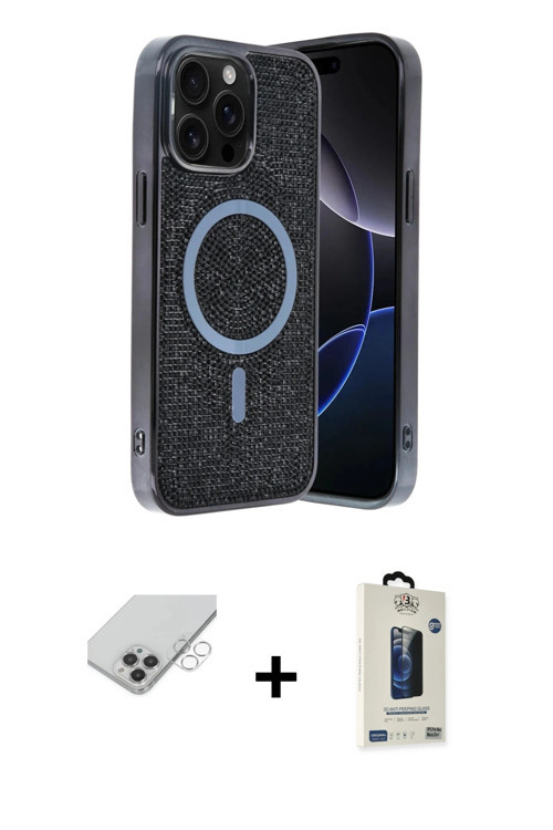 ieg™ iPhone 14 Pro Max Kılıf Eksen Çizgi - Siyah Bilvis Hayalet Cam Ekran Koruyucu + Gümüş Band Meta