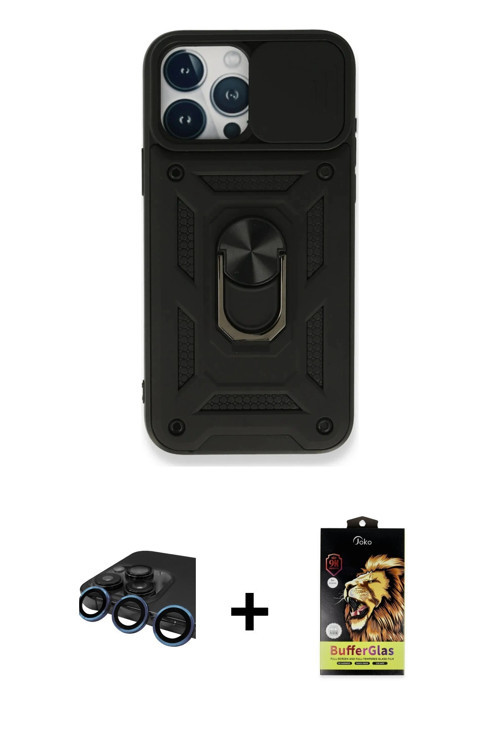 ieg™ iPhone 15 Pro Max Kılıf Ahenk Klasik - Siyah Buffer Cam Ekran Koruyucu + Lacivert Raze Metal Ka