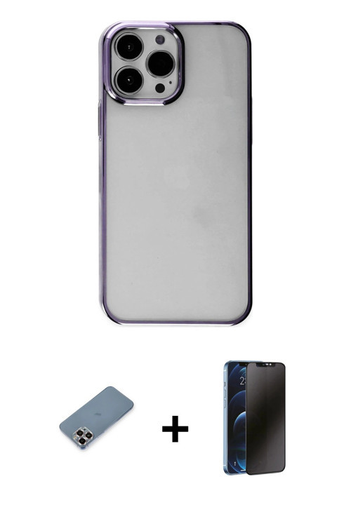 ieg™ iPhone 13 Pro Max Kılıf Doruk Doku Prime - Siyah 3D Antistatik Hayalet Cam Ekran Koruyucu + Mor