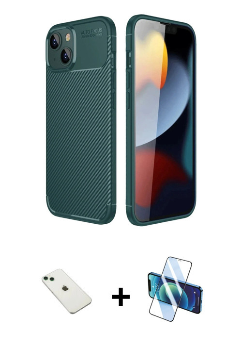 ieg™ iPhone 14 Kılıf Eksen Form Prime - Siyah 3D Antistatik Cam Ekran Koruyucu + Yeşil Diamond Kamer