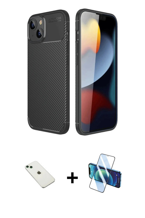 ieg™ iPhone 14 Kılıf Eksen Form Prime - Siyah 3D Antistatik Cam Ekran Koruyucu + Yeşil Diamond Kamer