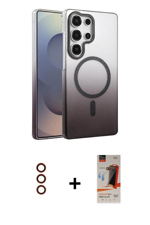ieg™ Galaxy S23 Ultra Kılıf Ahenk Doku Özel Seri - Siyah AutoKit 5in1 Fiber Hayalet Cam Ekran Koruyu