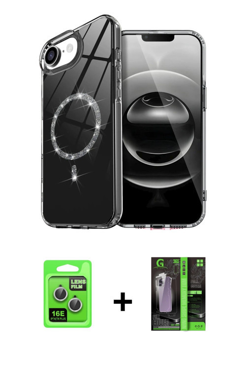 ieg™ iPhone 16E Kılıf Kıvılcım Form Prime - Şeffaf 360 Full Body Arka Koruyucu + Gümüş Raze Metal Ka