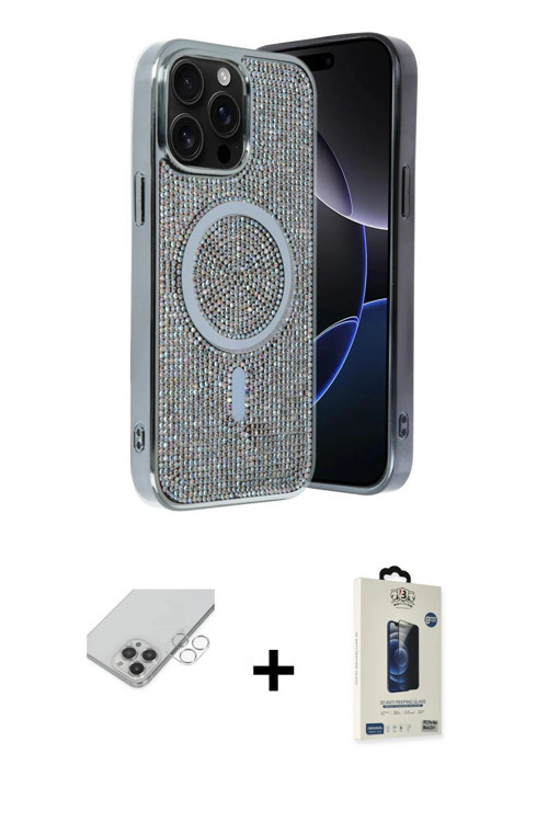 ieg™ iPhone 14 Pro Max Kılıf Eksen Çizgi - Siyah Bilvis Hayalet Cam Ekran Koruyucu + Gümüş Band Meta
