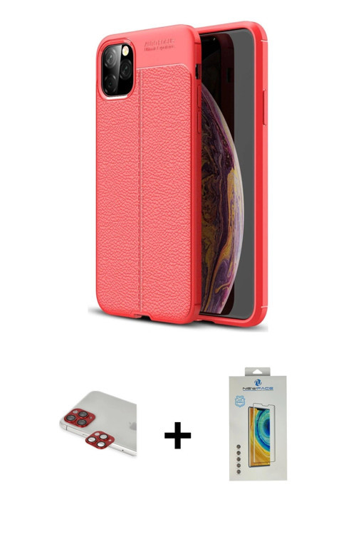 ieg™ iPhone 11 Pro Max Kılıf Doruk Klasik Özel Seri - Siyah Polymer Nano Ekran Koruyucu + Kırmızı Pe