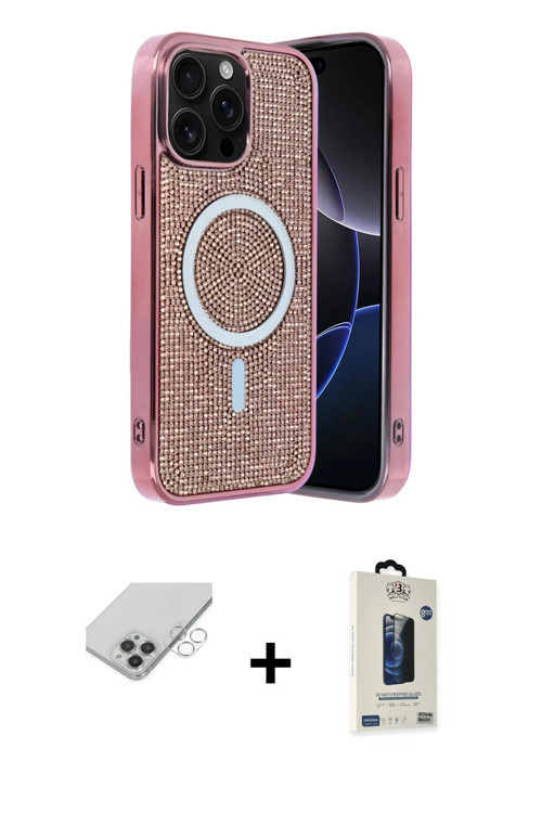 ieg™ iPhone 14 Pro Max Kılıf Eksen Çizgi - Siyah Bilvis Hayalet Cam Ekran Koruyucu + Gümüş Band Meta
