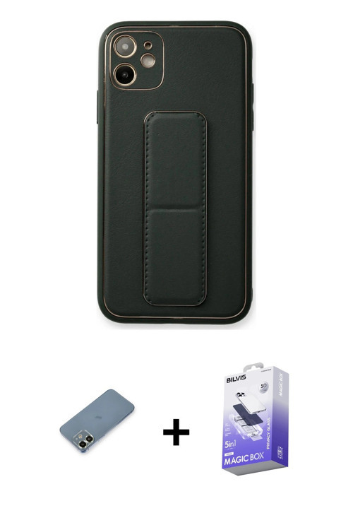 ieg™ iPhone 12 Kılıf Akış Doku - Siyah Bilvis 5in1 5D Magic Hayalet Cam Ekran Koruyucu + Açık Yeşil