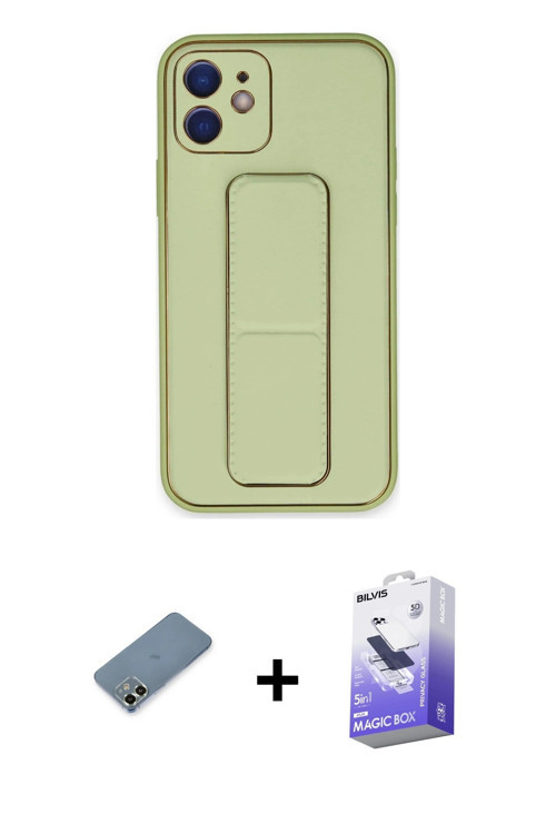 ieg™ iPhone 12 Kılıf Akış Doku - Siyah Bilvis 5in1 5D Magic Hayalet Cam Ekran Koruyucu + Açık Yeşil