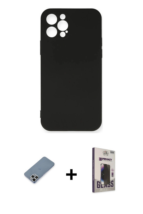 ieg™ iPhone 12 Pro Max Kılıf Ahenk Serisi - Siyah Bilvis Hayalet Cam Ekran Koruyucu + Gümüş Metal Ka