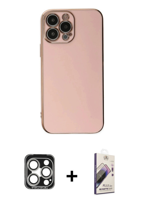 ieg™ iPhone 15 Pro Max Kılıf Yankı Serisi - Siyah Bilvis 3D Mat Cam Ekran Koruyucu + Gümüş PVD Metal