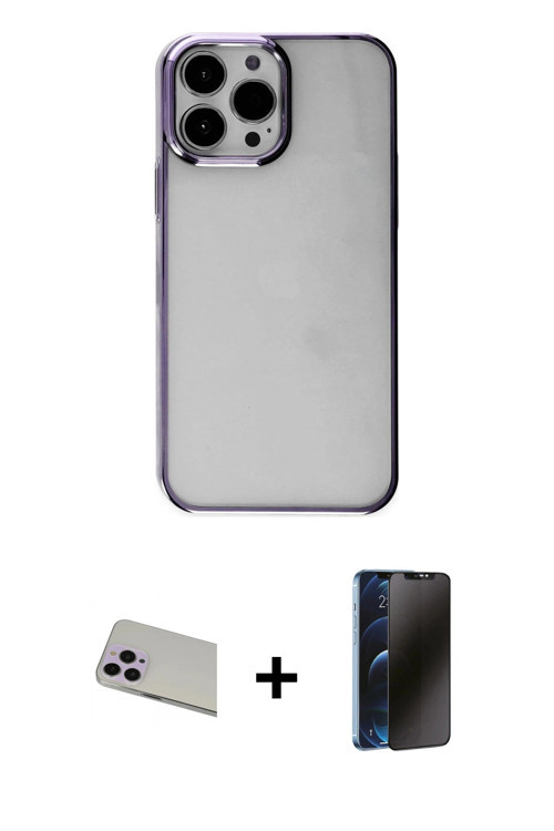 ieg™ iPhone 13 Pro Max Kılıf Doruk Doku Prime - Siyah 3D Antistatik Hayalet Cam Ekran Koruyucu + Mor