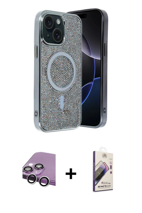ieg™ iPhone 14 Kılıf Eksen Çizgi - Siyah Bilvis 3D Mat Cam Ekran Koruyucu + Gümüş Raze Metal Kamera