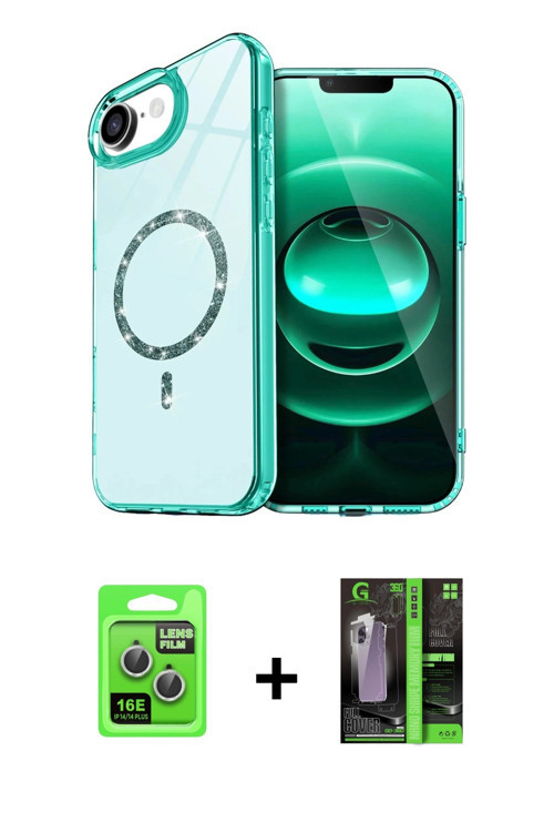 ieg™ iPhone 16E Kılıf Kıvılcım Form Prime - Şeffaf 360 Full Body Arka Koruyucu + Gümüş Raze Metal Ka