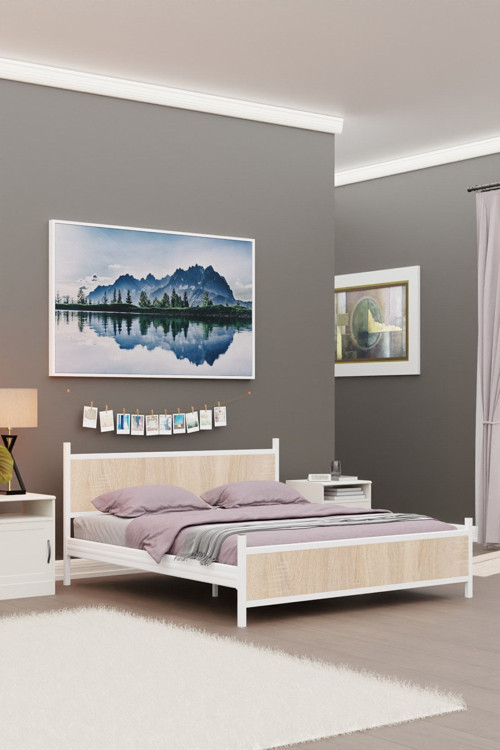 Gm 305 Modern Çift Kişilik Ahşap Metal Beyaz Sonomo Karyola 150X200
