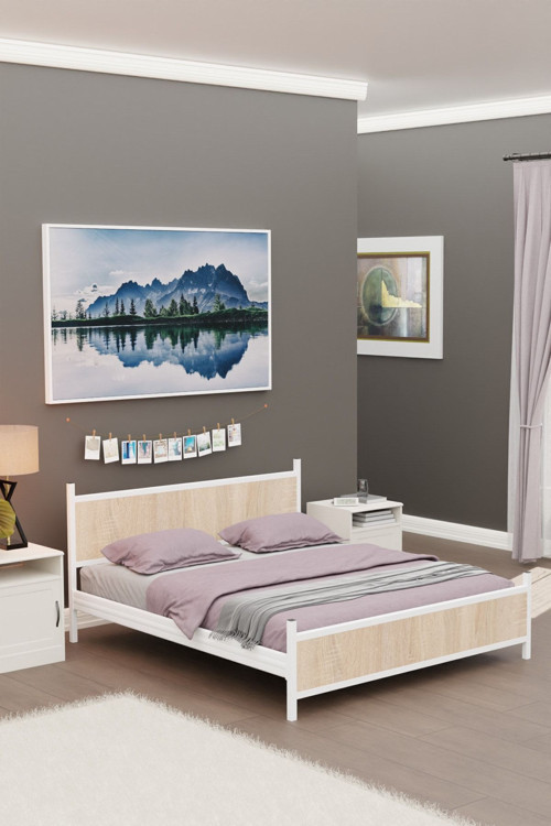 Gm 305 Modern Çift Kişilik Ahşap Metal Beyaz Sonomo Karyola 160X200